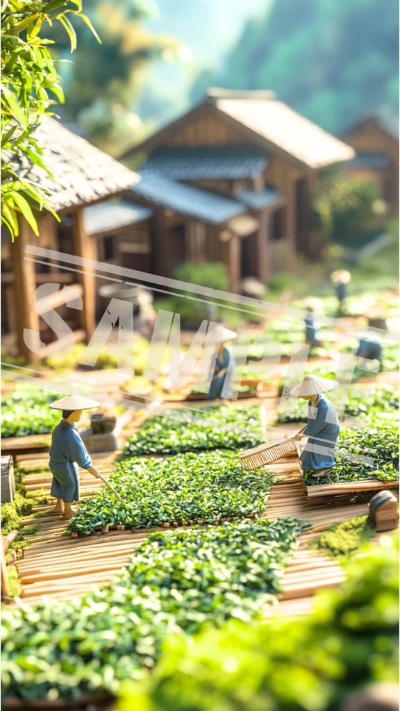 ミニチュア作業員と朝の茶畑整備｜スマホ壁紙
