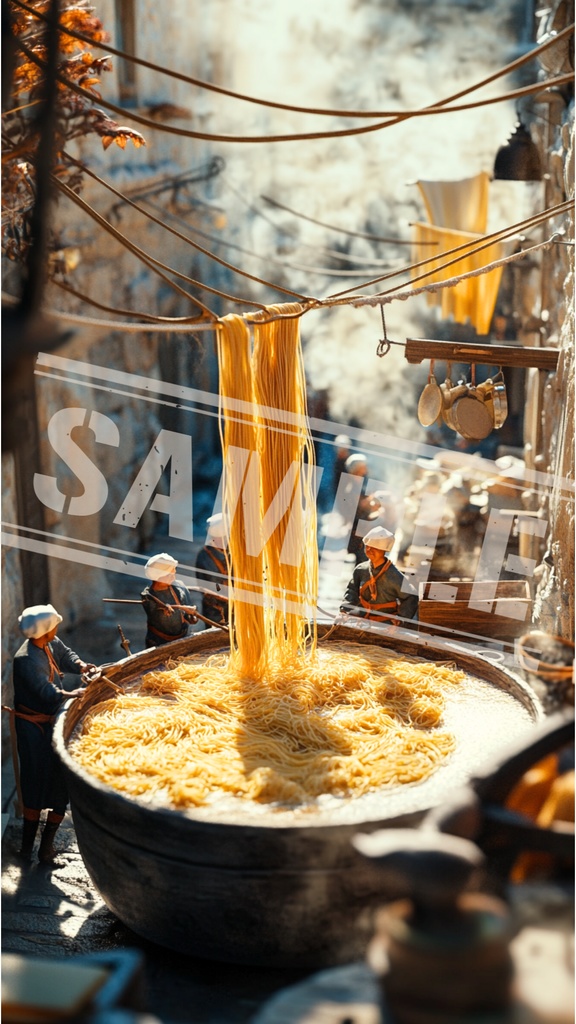 ミニチュア作業員とパスタ干しの路地裏|スマホ壁紙