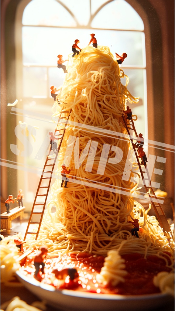 ミニチュア作業員とパスタ山登り｜スマホ壁紙