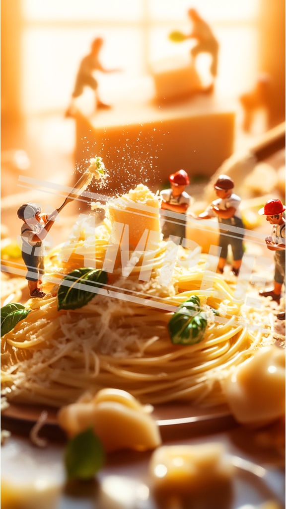 ミニチュア作業員とチーズがけパスタ|スマホ壁紙