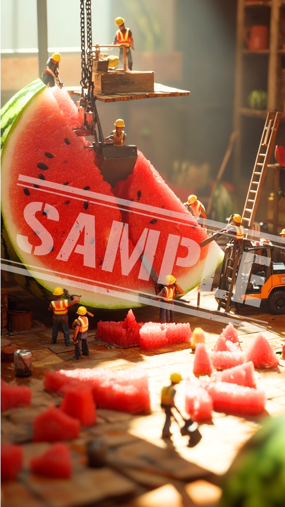 ミニチュア作業員とスイカの解体現場｜スマホ壁紙