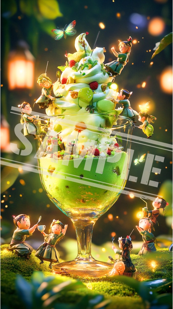 ミニチュア作業員と抹茶の祝祭パフェ|スマホ壁紙