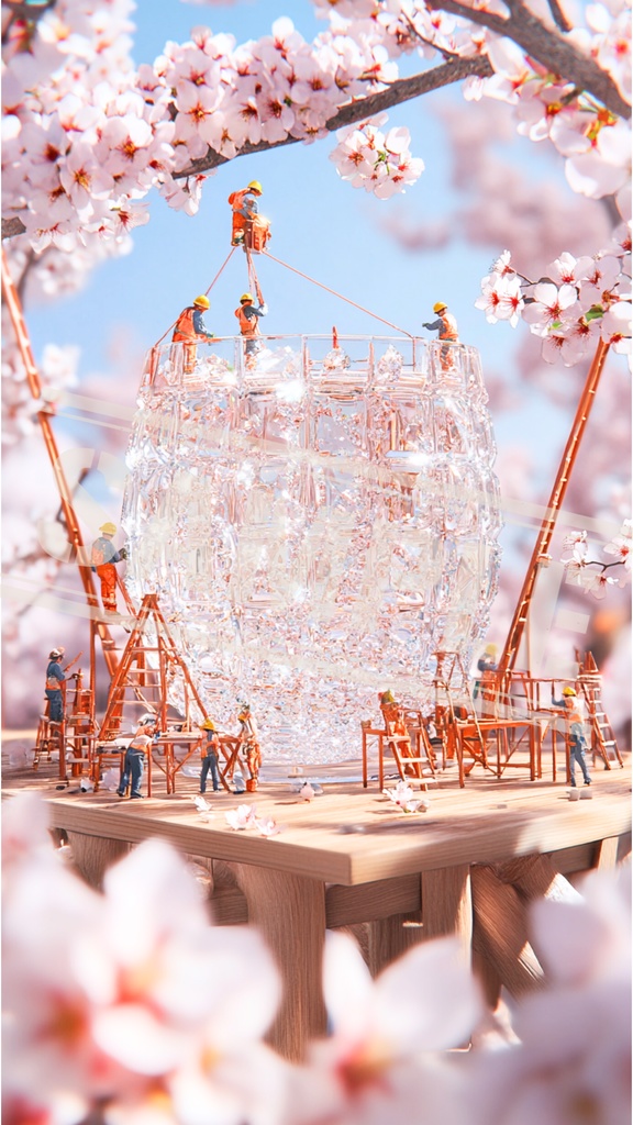 ミニチュア作業員と桜グラスの建設現場｜スマホ壁紙