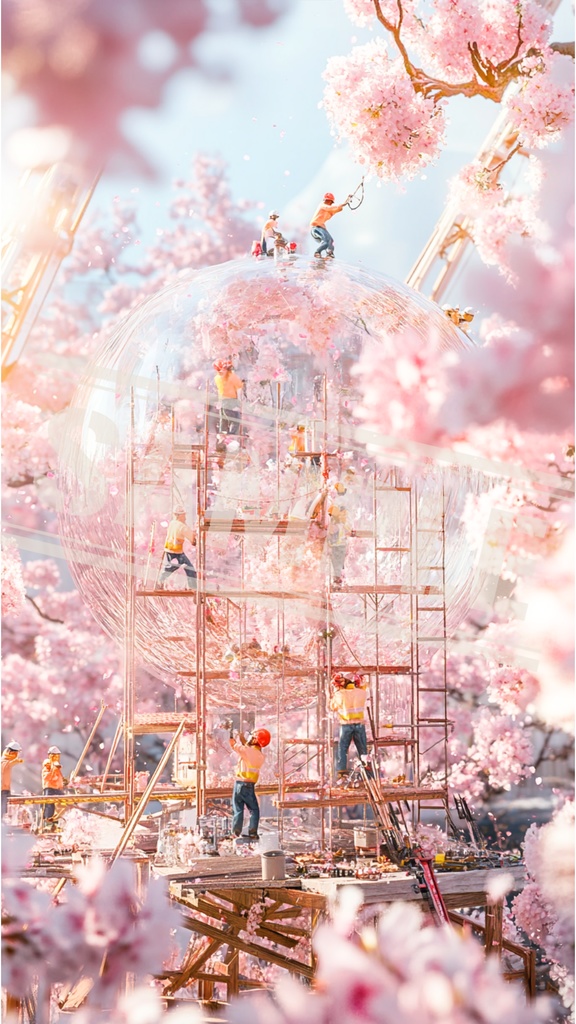 ミニチュア作業員と桜ドームの建設現場|スマホ壁紙