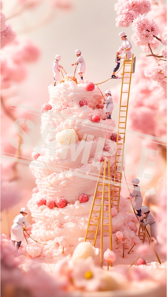 ミニチュア作業員と春いろホイップケーキ｜スマホ壁紙