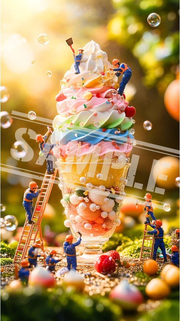 ミニチュア作業員と虹色ソフトクリーム建設|スマホ壁紙