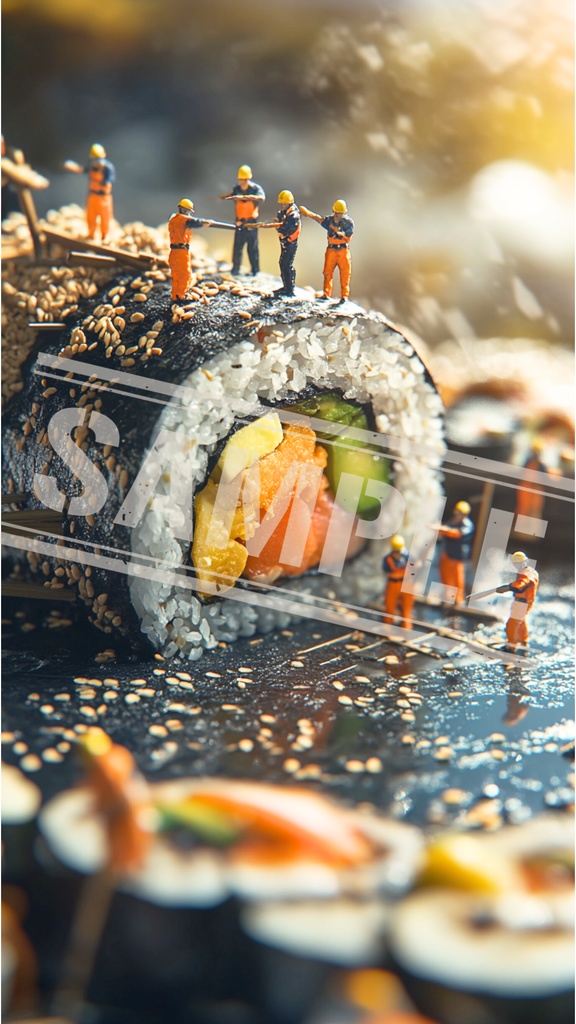 寿司トンネル建設中!ミニチュア作業員の巻き寿司現場|スマホ壁紙