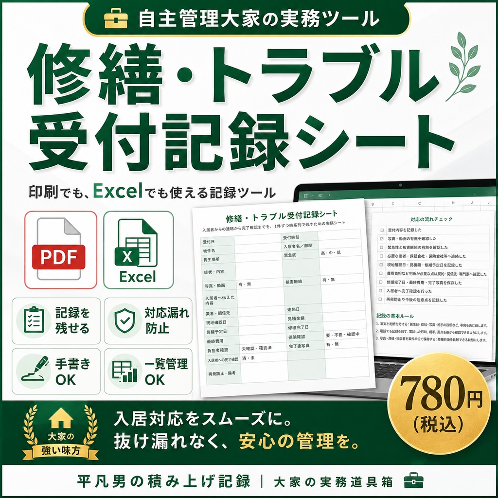修繕・トラブル受付記録シート｜自主管理大家向け PDF＋Excel管理表