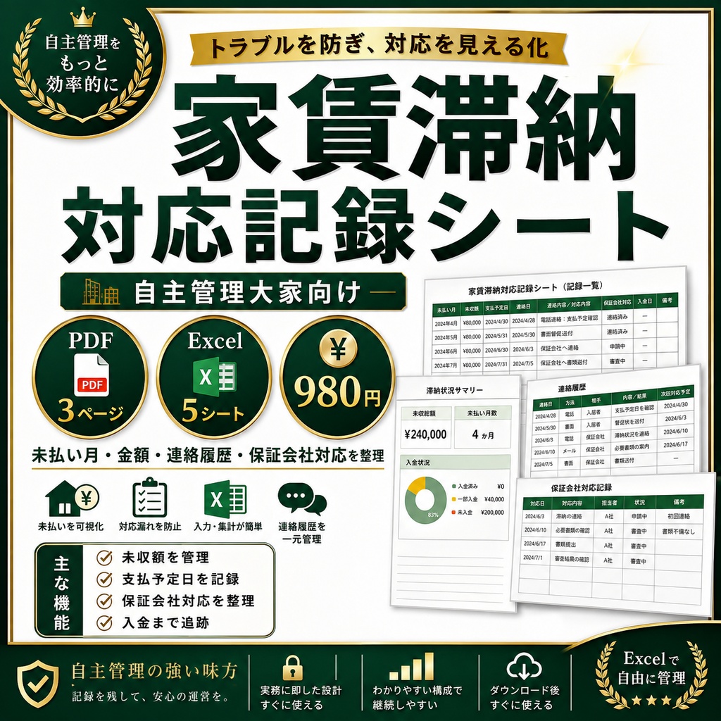 家賃滞納対応記録シート｜自主管理大家向け PDF＋Excel管理表