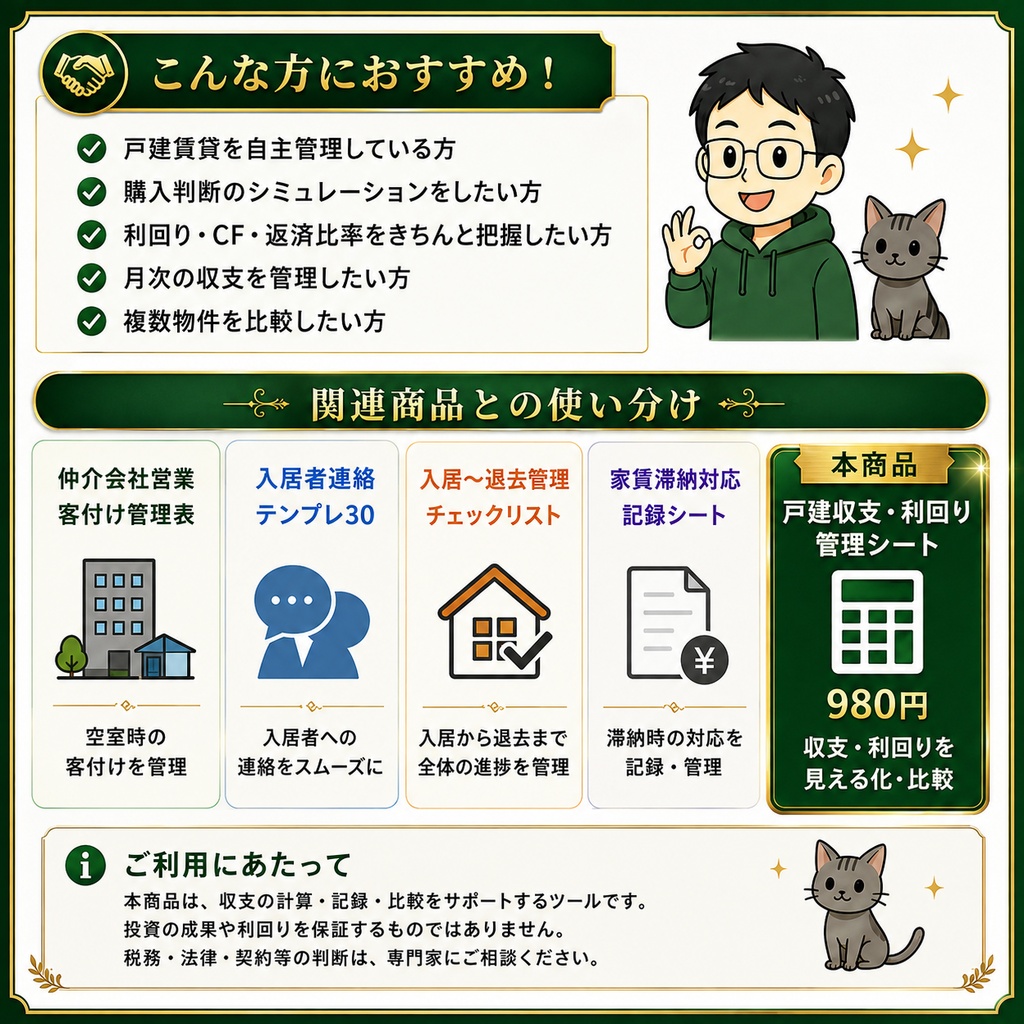 戸建収支・利回り管理シート|自主管理大家向け Excel+PDF