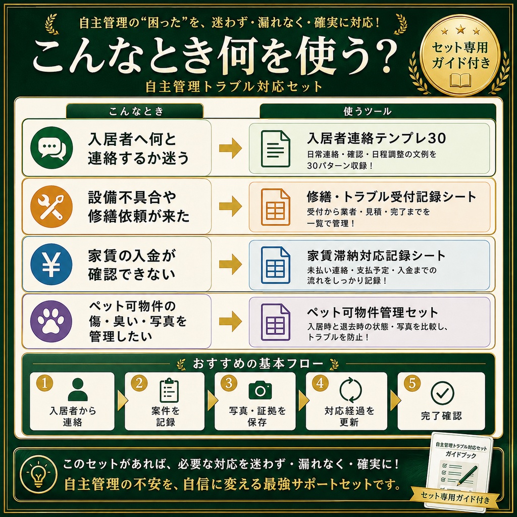 自主管理トラブル対応セット|入居者連絡・修繕・家賃滞納・ペット管理 PDF+Excel