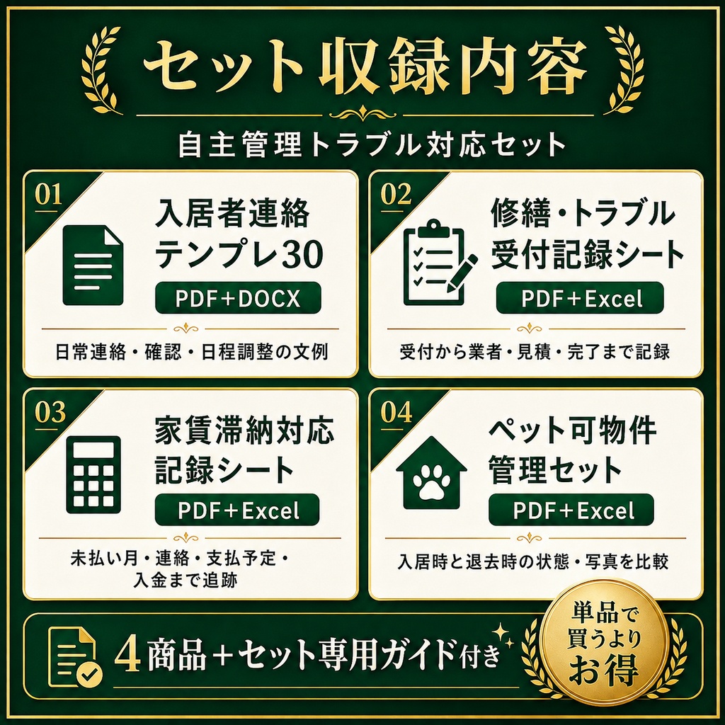 自主管理トラブル対応セット|入居者連絡・修繕・家賃滞納・ペット管理 PDF+Excel