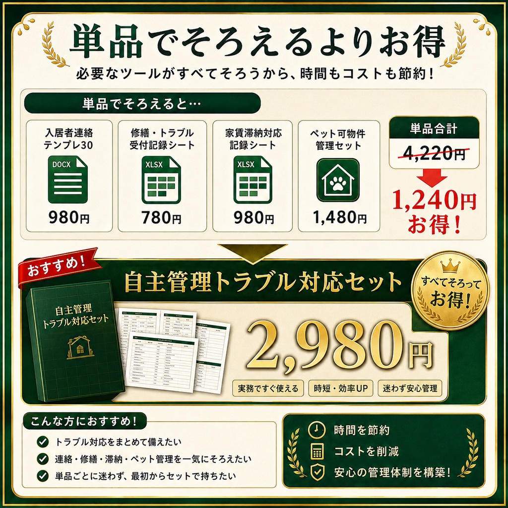 自主管理トラブル対応セット|入居者連絡・修繕・家賃滞納・ペット管理 PDF+Excel