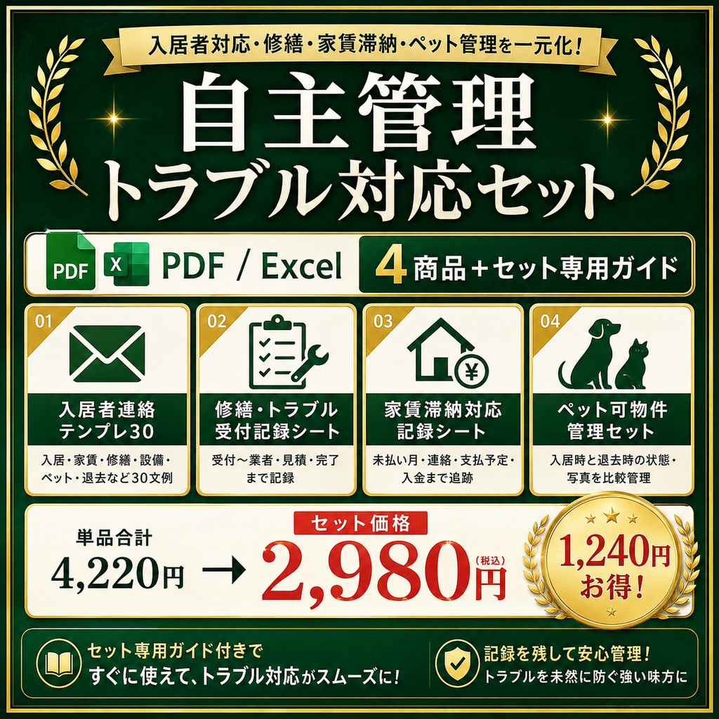 自主管理トラブル対応セット｜入居者連絡・修繕・家賃滞納・ペット管理 PDF＋Excel