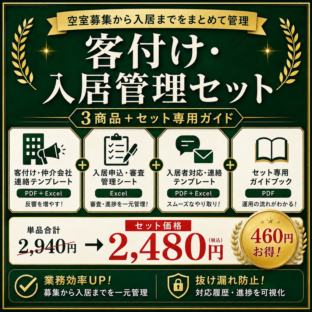 客付け・入居管理セット｜仲介会社営業・入居〜退去管理・入居者連絡 PDF＋Excel