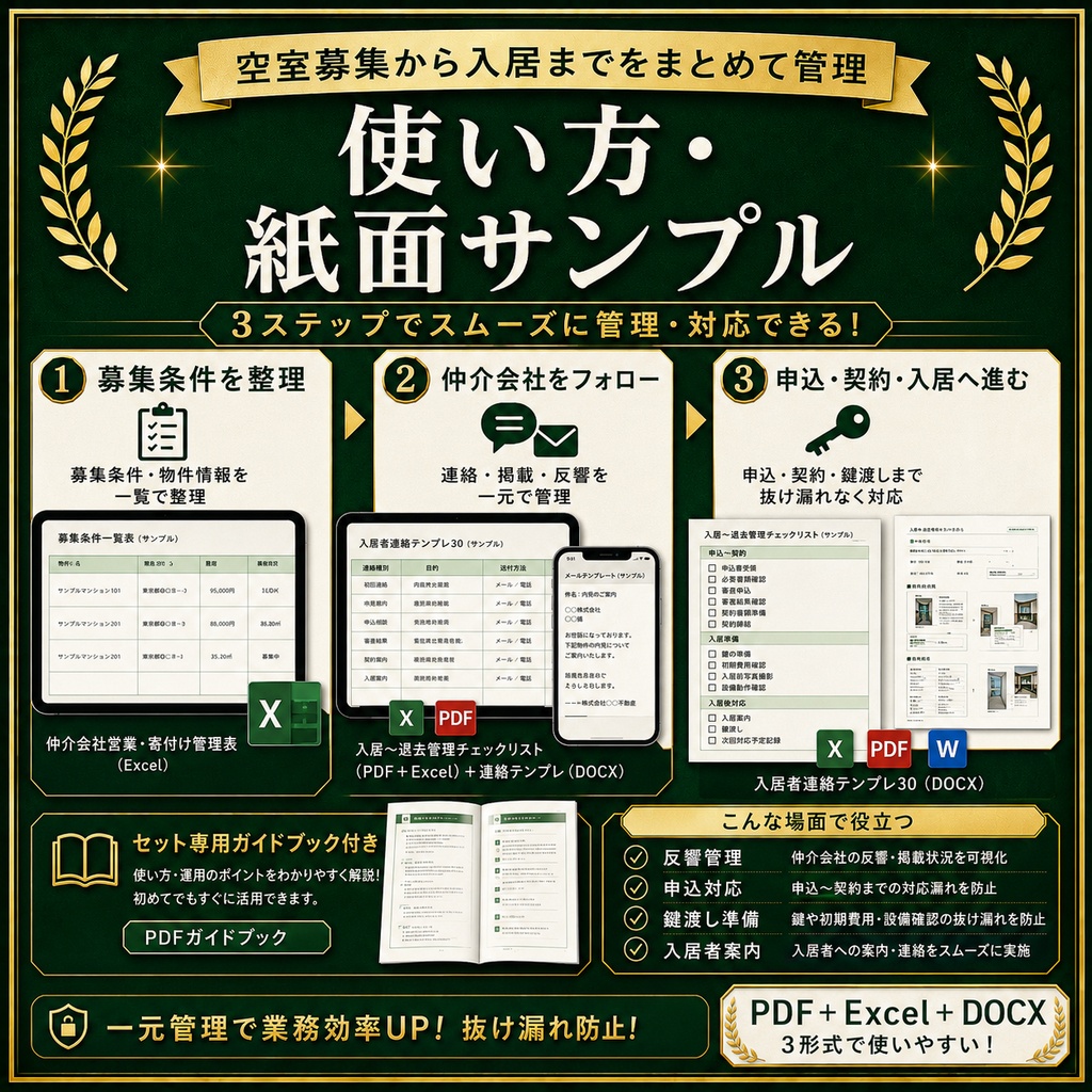 客付け・入居管理セット|仲介会社営業・入居〜退去管理・入居者連絡 PDF+Excel