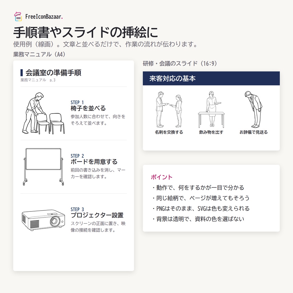 【100点】ビジネスイラスト素材集 Vol.1|線画|PNG・SVG|商用利用OK(資料・マニュアル・研修)