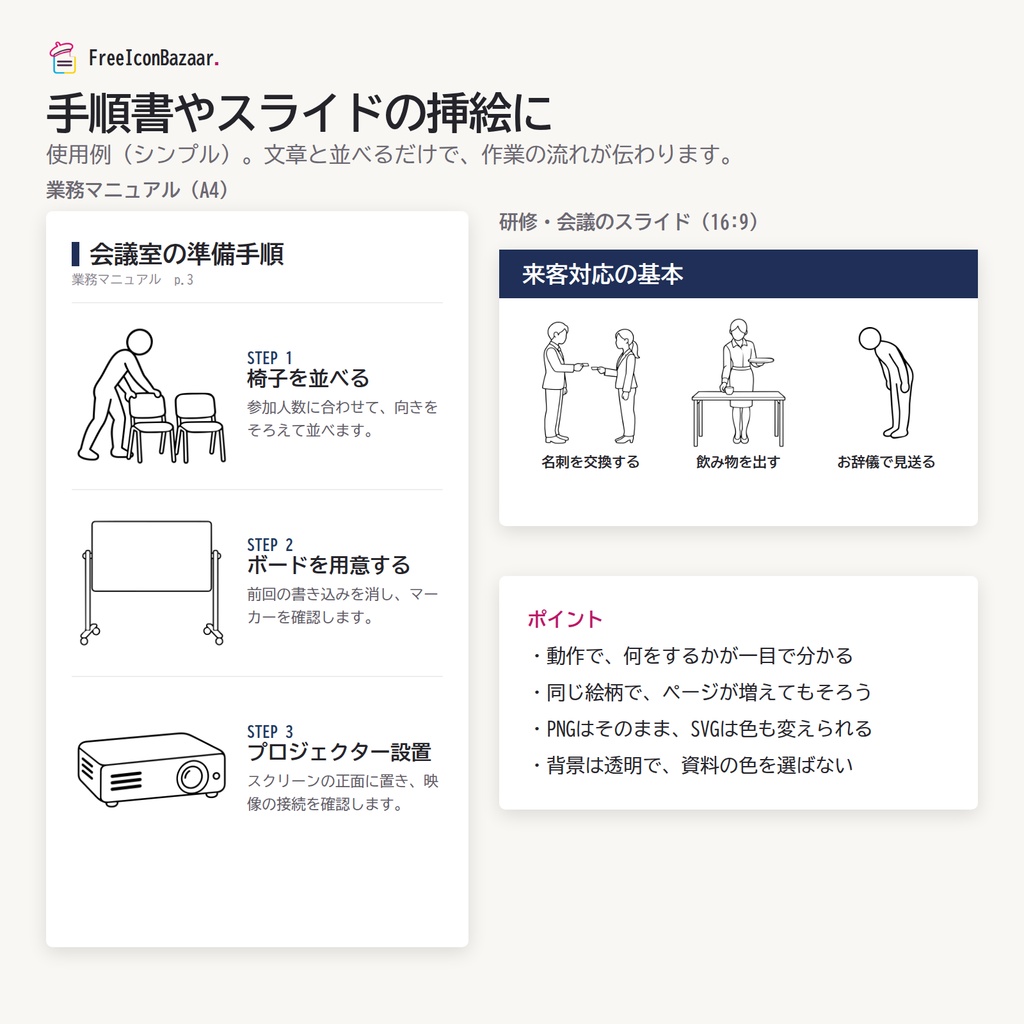 【100点】ビジネスイラスト素材集 Vol.1|シンプル|PNG・SVG|商用利用OK(資料・マニュアル・研修)