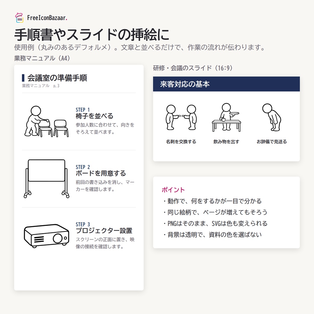 【100点】ビジネスイラスト素材集 Vol.1|丸みのあるデフォルメ|PNG・SVG|商用利用OK(資料・マニュアル・研修)