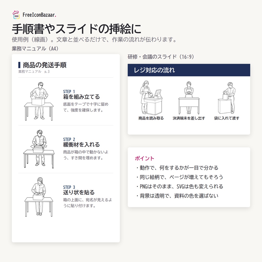 【100点】ビジネスイラスト素材集 Vol.2|線画|PNG・SVG|商用利用OK(接客・物流・清掃・設備)