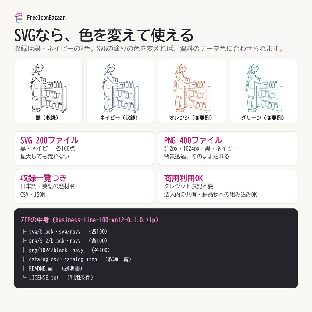 【100点】ビジネスイラスト素材集 Vol.2|線画|PNG・SVG|商用利用OK(接客・物流・清掃・設備)