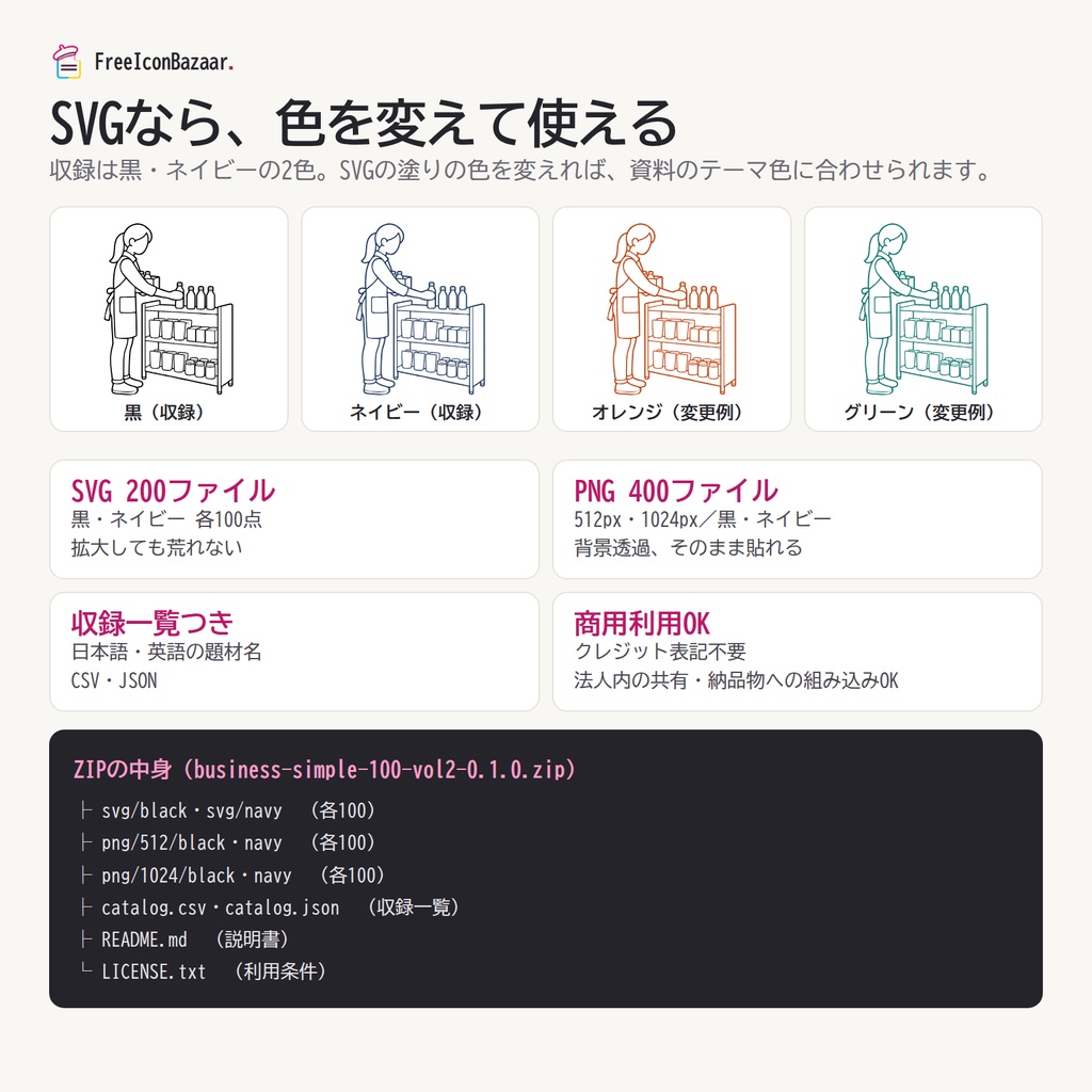 【100点】ビジネスイラスト素材集 Vol.2|シンプル|PNG・SVG|商用利用OK(接客・物流・清掃・設備)