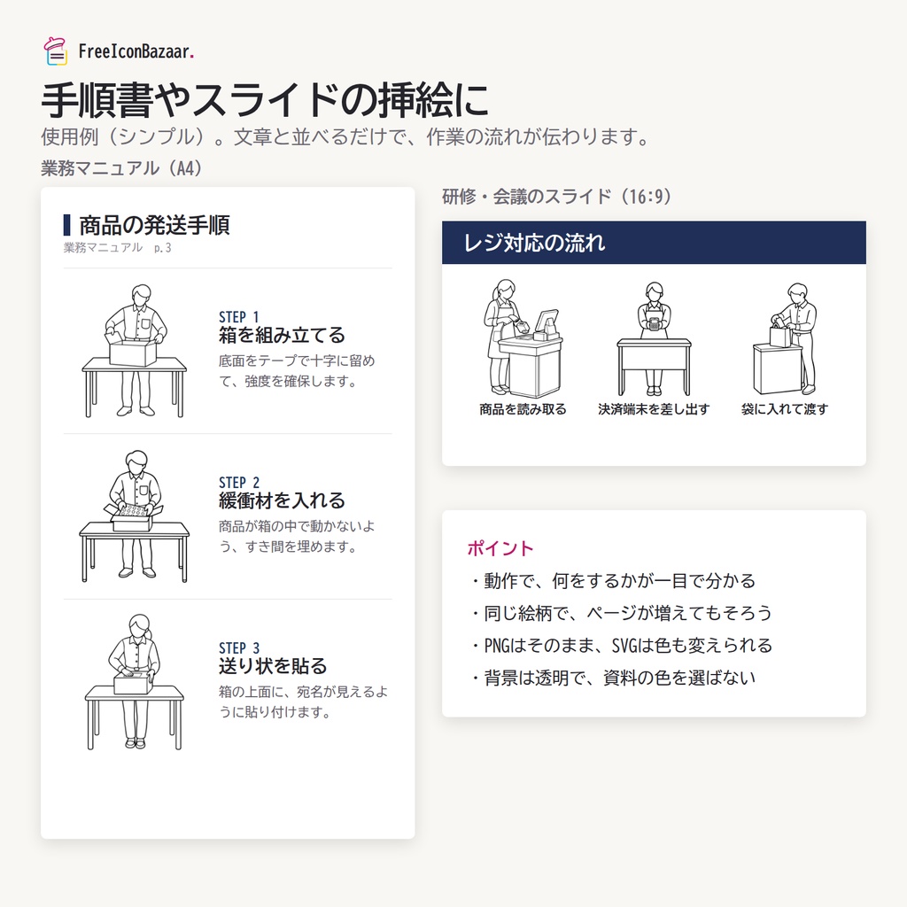 【100点】ビジネスイラスト素材集 Vol.2|シンプル|PNG・SVG|商用利用OK(接客・物流・清掃・設備)