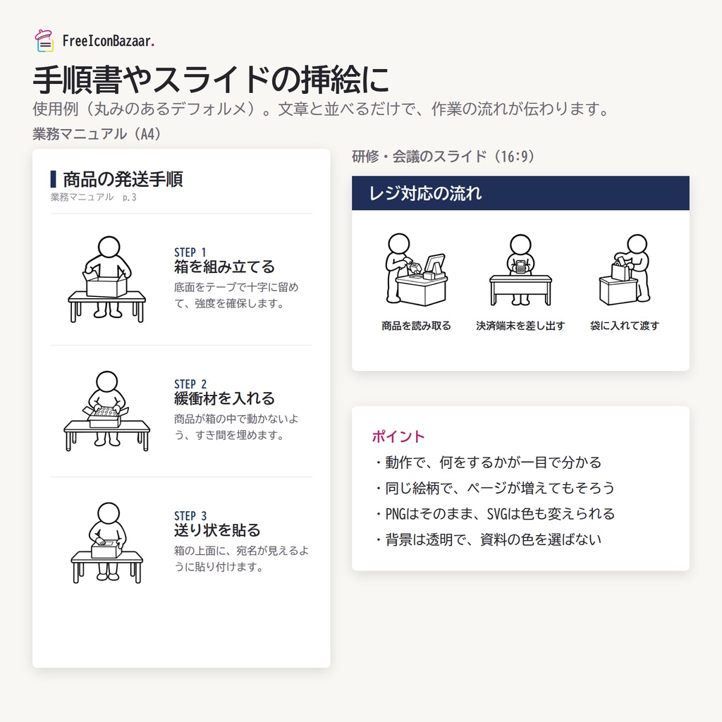 【100点】ビジネスイラスト素材集 Vol.2|丸みのあるデフォルメ|PNG・SVG|商用利用OK(接客・物流・清掃・設備)