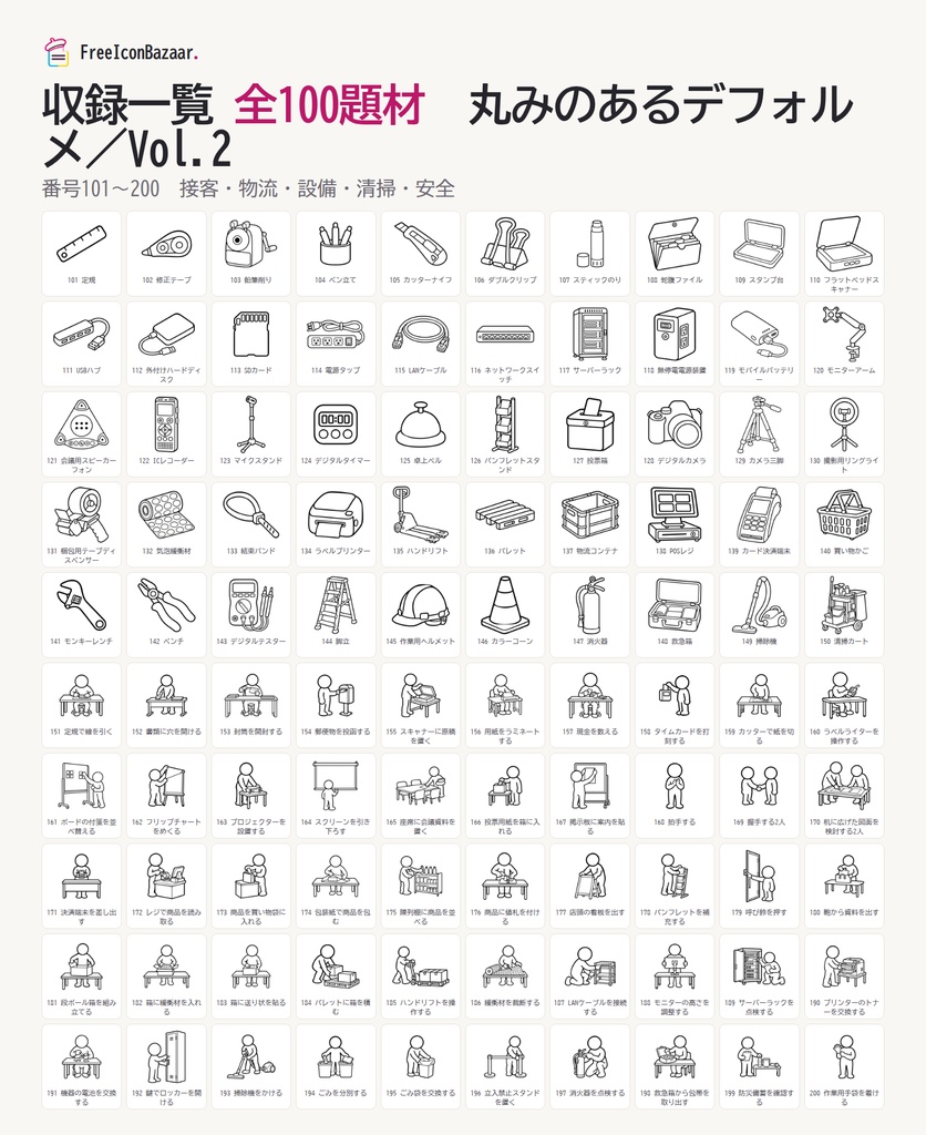 【100点】ビジネスイラスト素材集 Vol.2|丸みのあるデフォルメ|PNG・SVG|商用利用OK(接客・物流・清掃・設備)