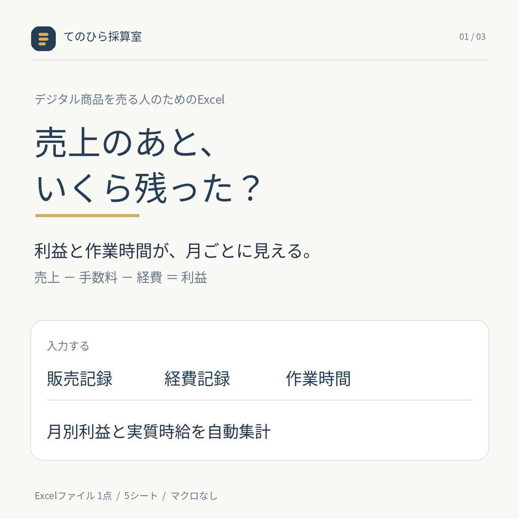 デジタル販売の利益と作業時間｜売上・手数料・経費を月別集計するExcel