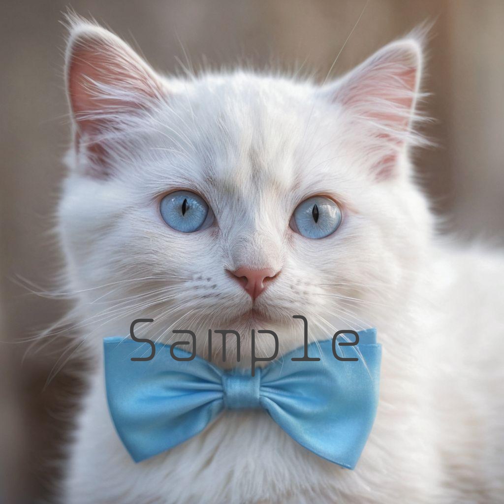白い猫、子猫、青リボン、画像