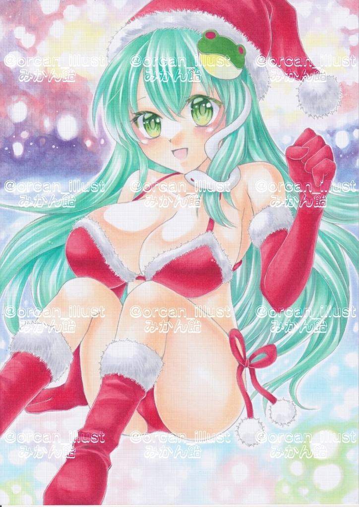 手描きアナログイラスト東方東風谷早苗ビキニサンタ