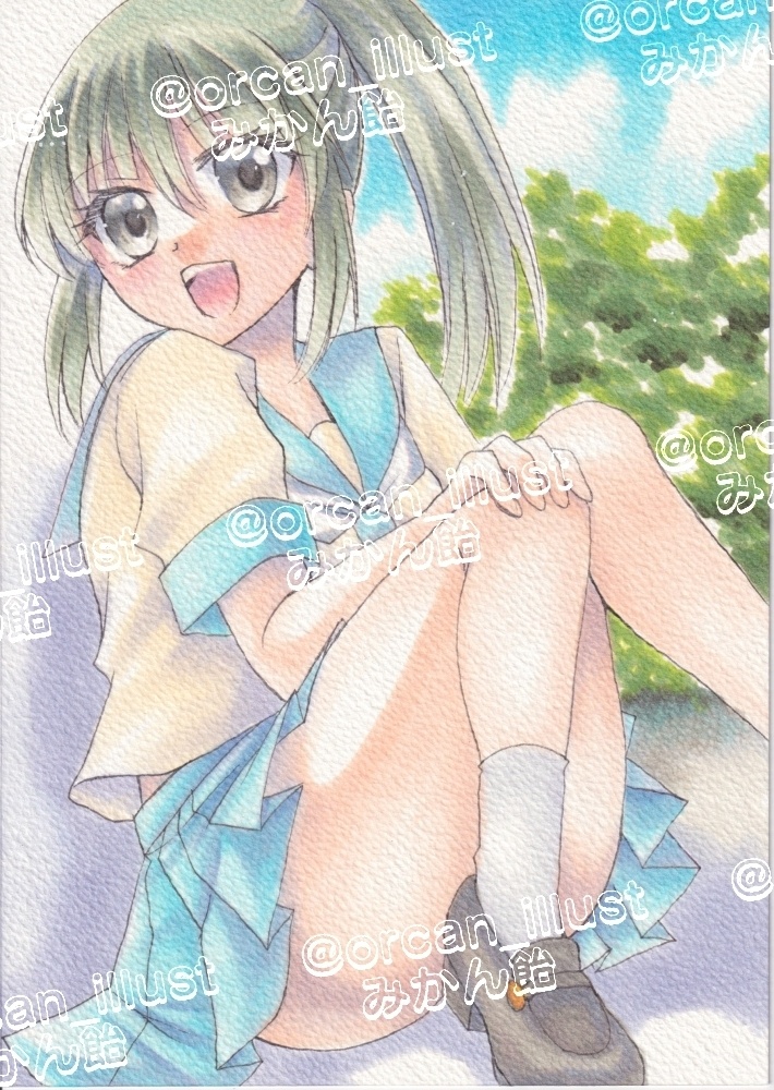 手描きアナログイラストオリジナル☆裏庭の少女
