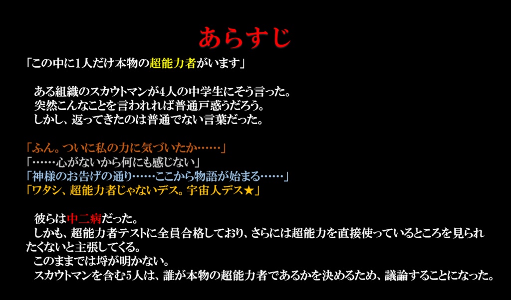 【マーダーミステリー】この中二病どもの中に1人だけ本物の超能力者がいる
