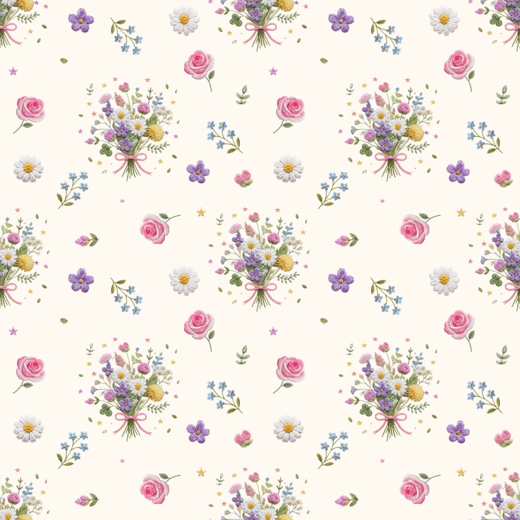 【商用利用OK】ぷっくり刺繍風・お花とブーケのシームレスデジタルペーパー｜2000×2000px｜花柄・刺しゅう・ナチュラル・コラージュ素材