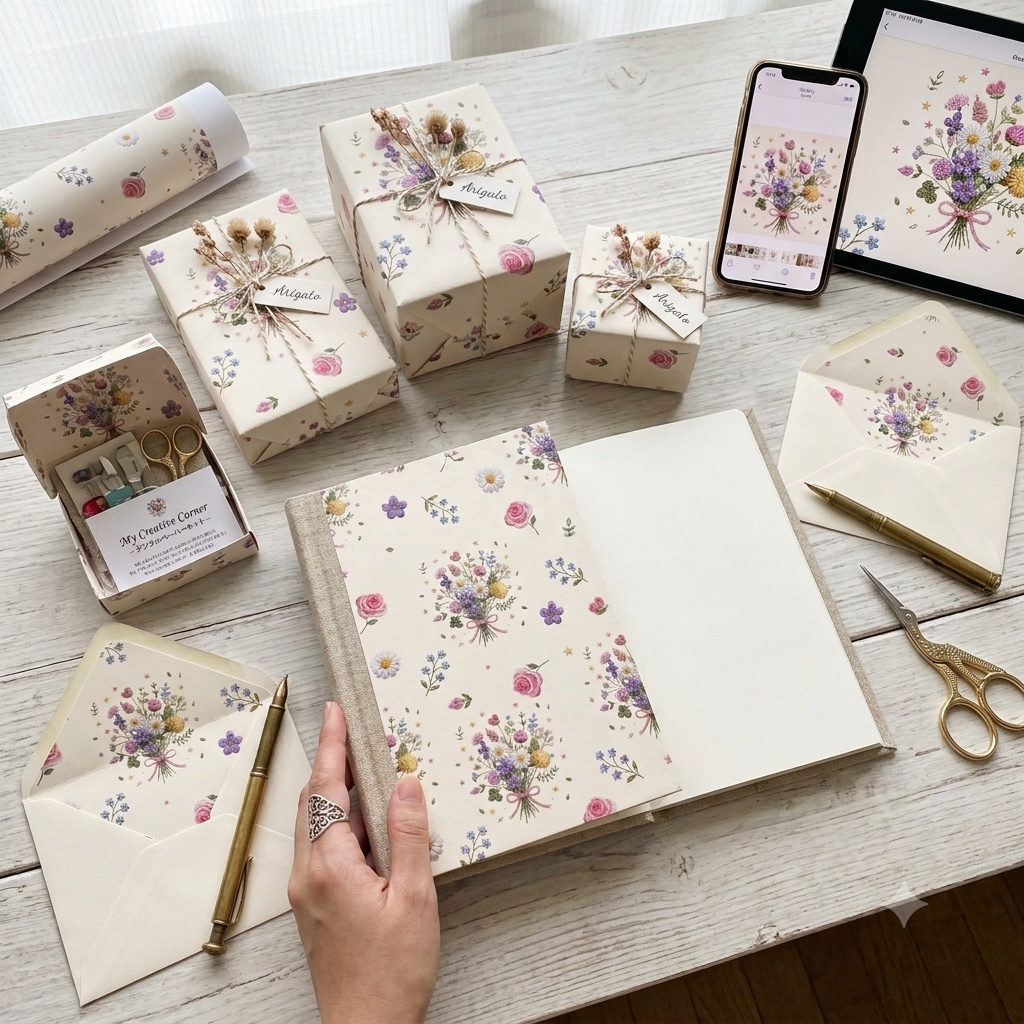 【商用利用OK】ぷっくり刺繍風・お花とブーケのシームレスデジタルペーパー|2000×2000px|花柄・刺しゅう・ナチュラル・コラージュ素材