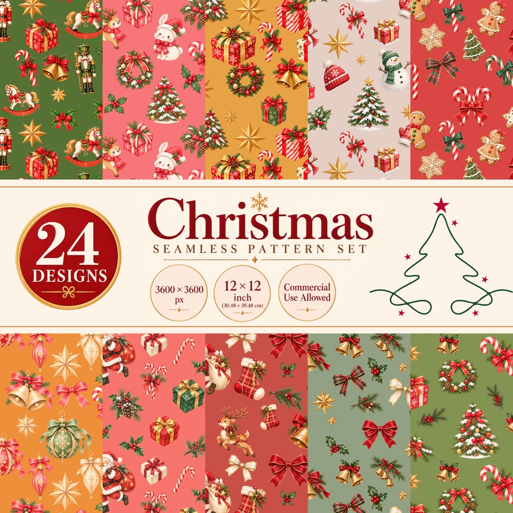 【全24種】クリスマス柄 シームレスパターン素材セット｜水彩風・デジタルペーパー・背景素材