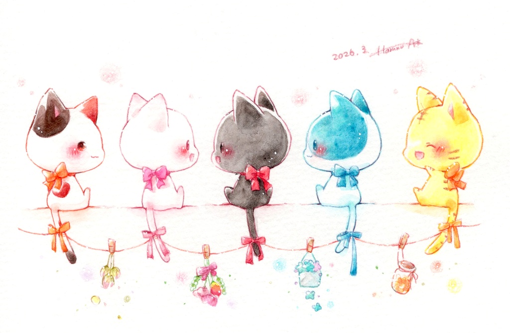 ドローイング「ねこさんフラワーガーランド」