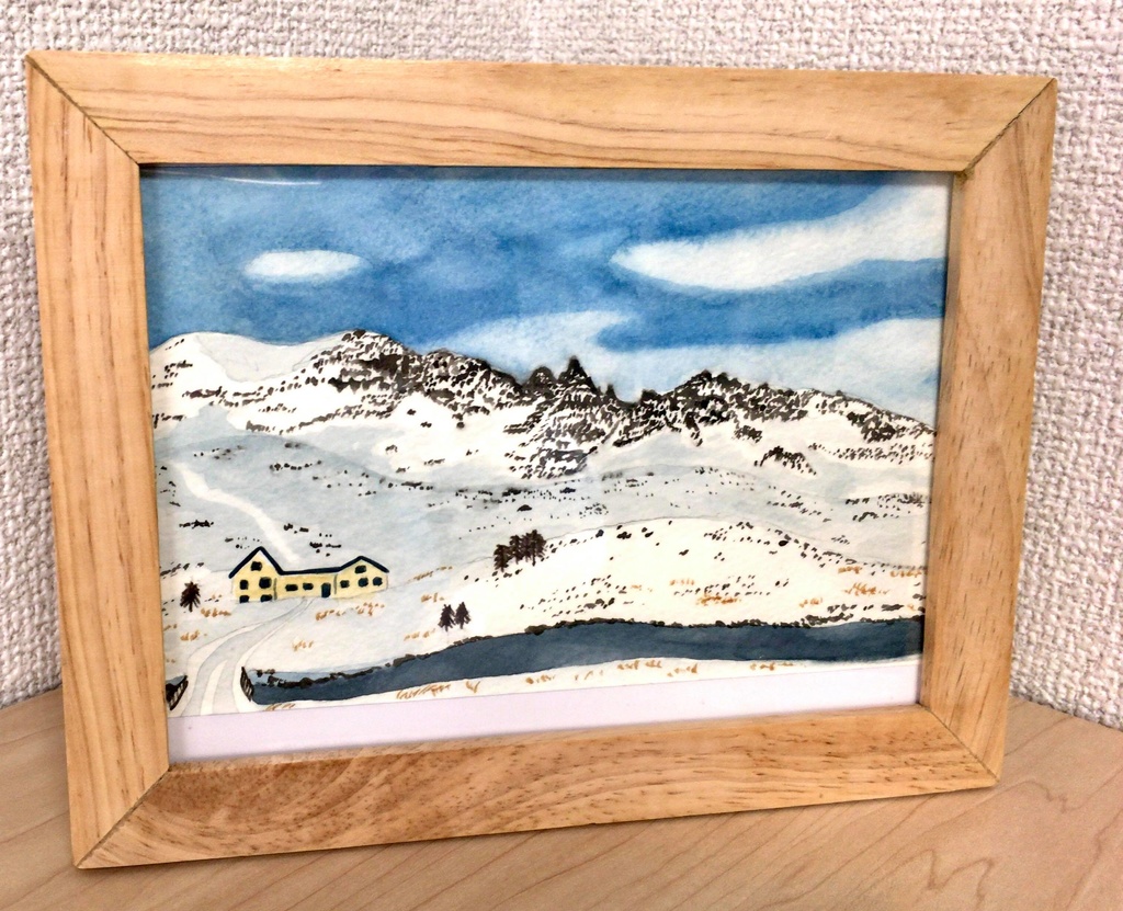 水彩風景画「アイスランドの雪山」原画 額付き