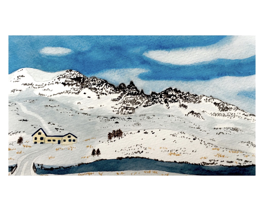 水彩風景画「アイスランドの雪山」原画　額付き