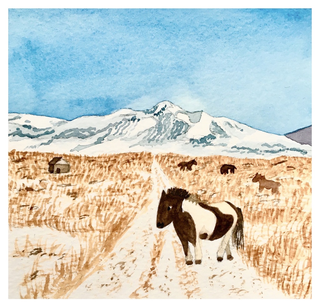 水彩風景画 アイスランドの馬 原画 額付き Gallery Sweetpea Booth