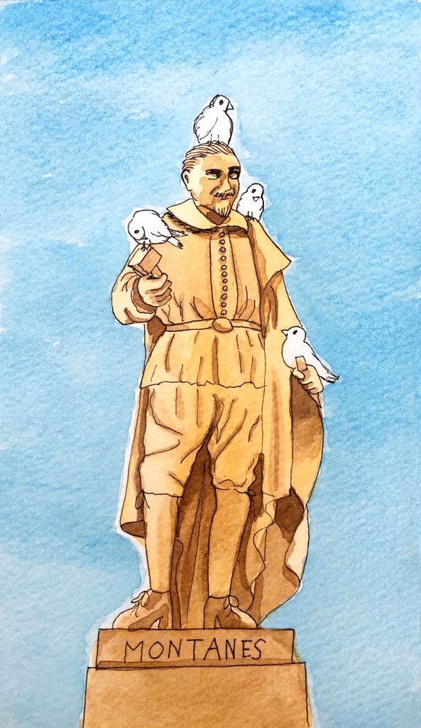 水彩肖像画「鳩と銅像・空」原画 額付き