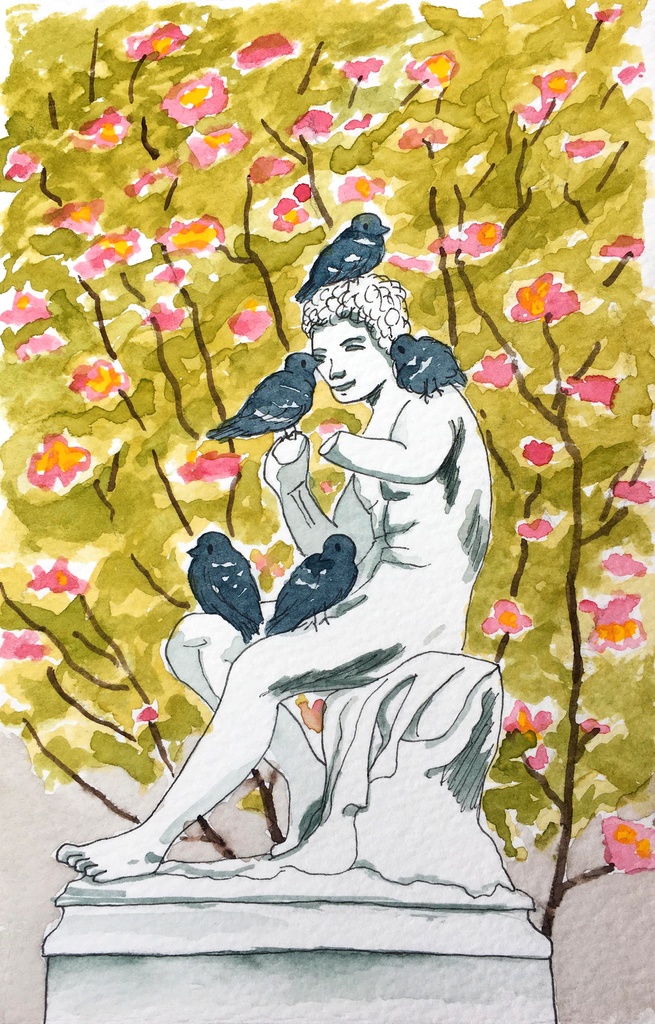 水彩肖像画「鳩と銅像・花」原画 額付き