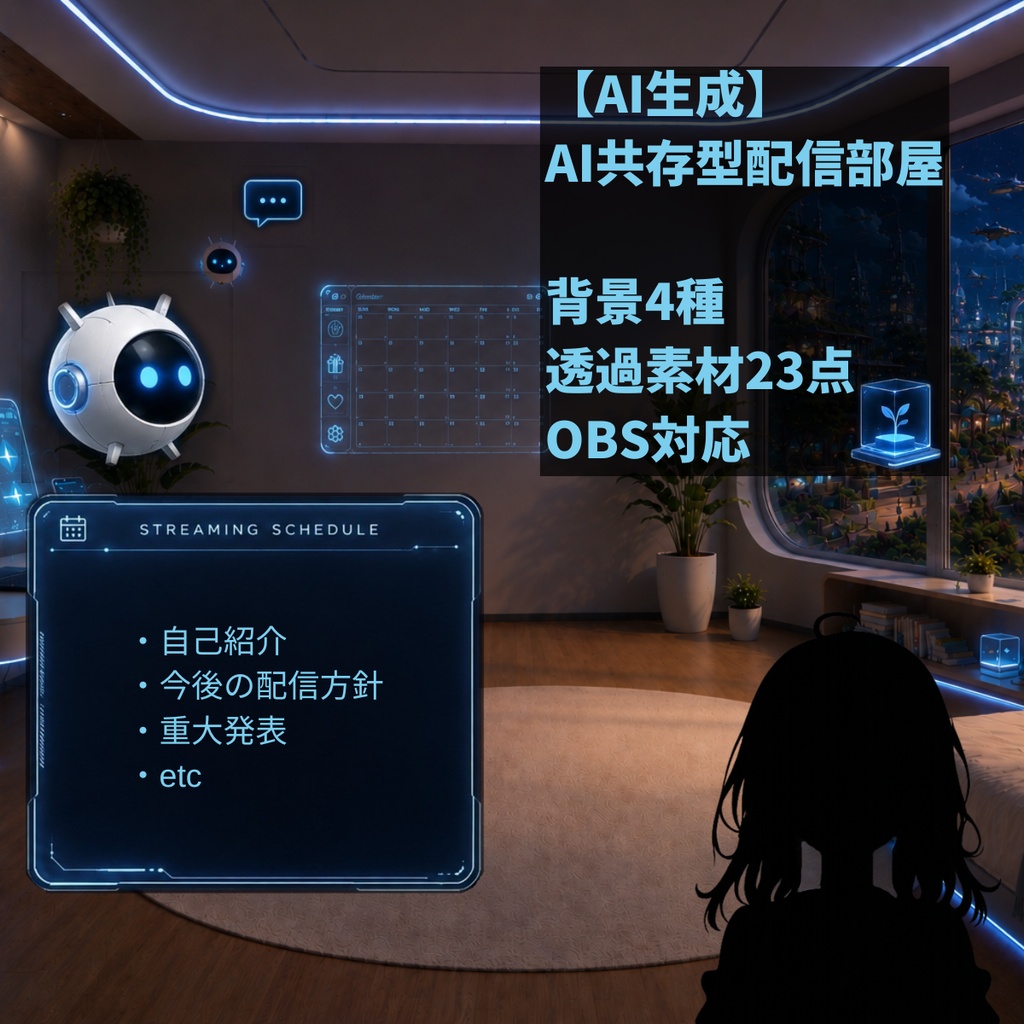 【VTuber向け配信背景】AI共存型未来配信ルーム｜OBS対応 サイバー部屋素材セット