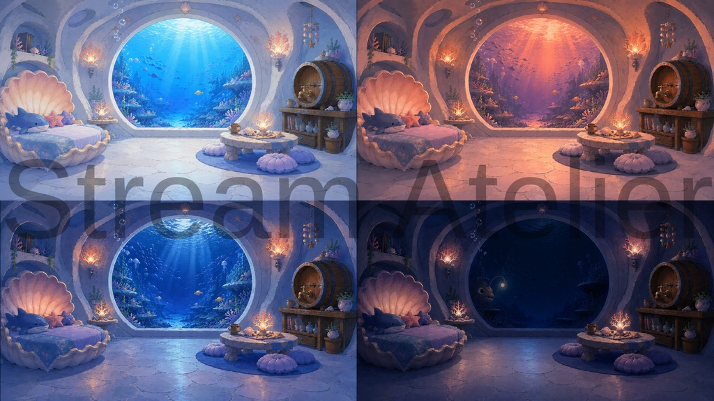【VTuber向け配信背景】海の底の小さな配信部屋|配信背景4種+待機背景2種+透過素材45点セット【OBS対応】