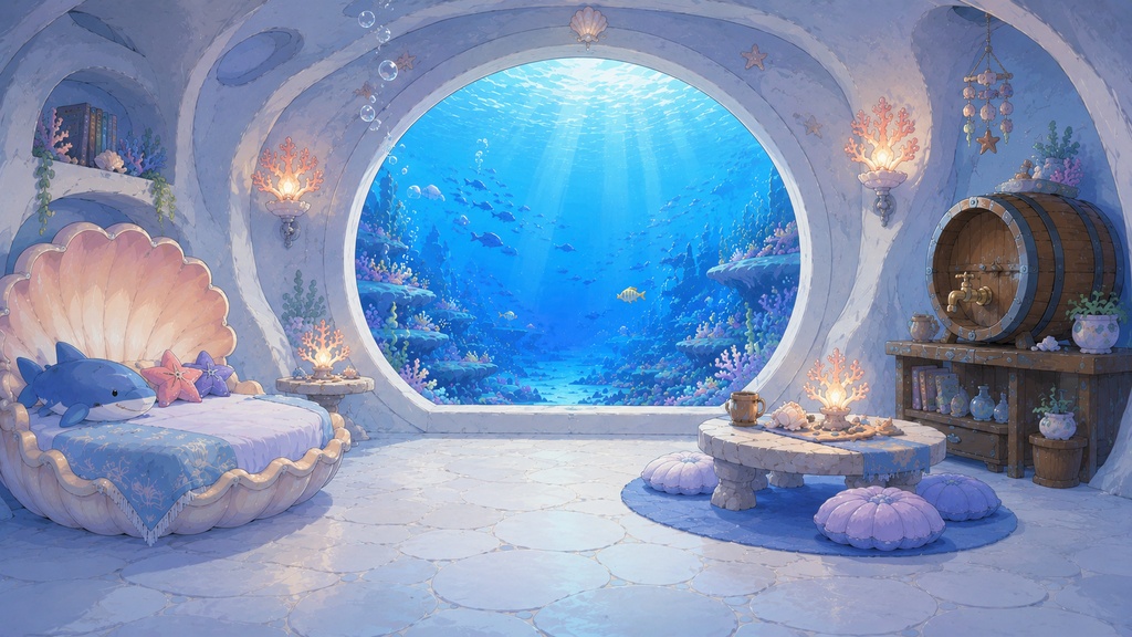 【VTuber向け配信背景】海の底の小さな配信部屋|配信背景4種+待機背景2種+透過素材45点セット【OBS対応】