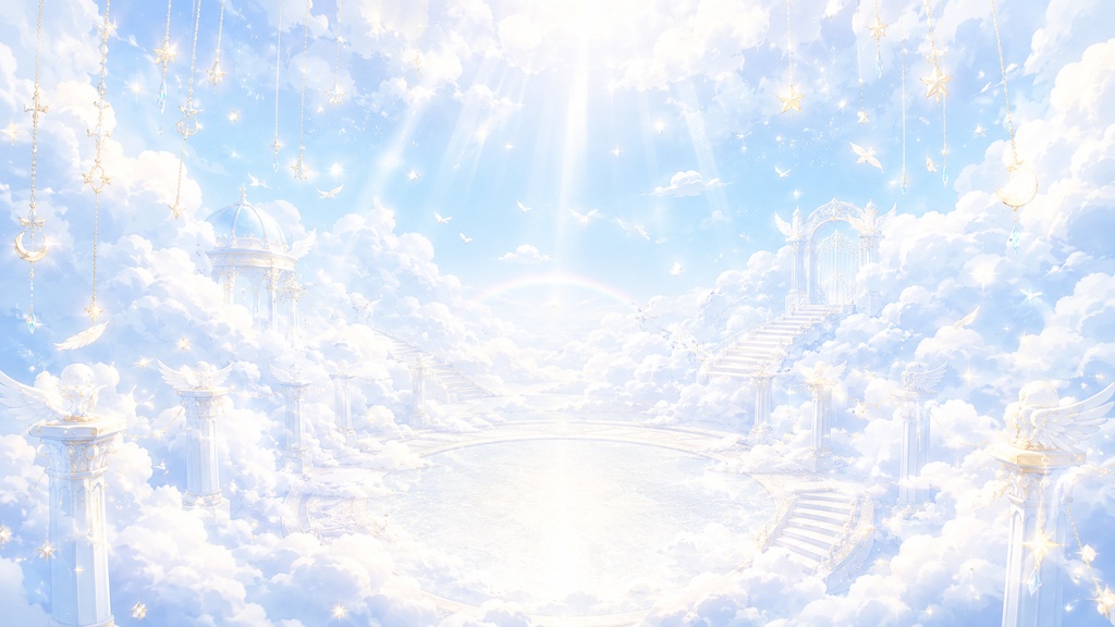 【VTuber向け配信背景】天界の雲の小さな配信部屋|背景4種+待機背景2種+透過素材28点セット【OBS対応】