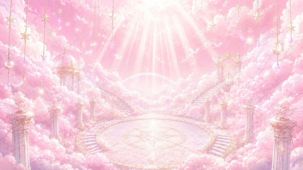 【VTuber向け配信背景】天界の雲の小さな配信部屋|背景4種+待機背景2種+透過素材28点セット【OBS対応】