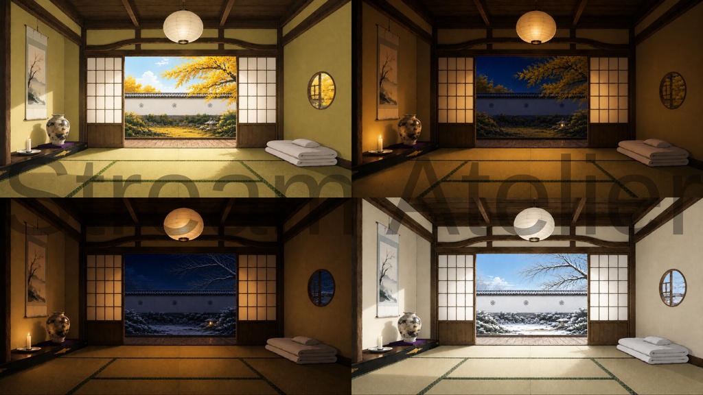【VTuber向け配信背景】四季を感じる和室配信部屋|春夏秋冬背景8種+透過素材36点セット【OBS対応】