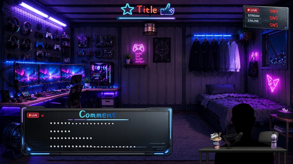 【VTuber向け配信背景】コンテナのゲーミング部屋|配信背景4種+待機終了2種+透過素材32点セット【OBS対応】